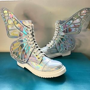 NIB Club Exx x Dolls Kill Silver Holographic Metamorphic Boots with Wings 9